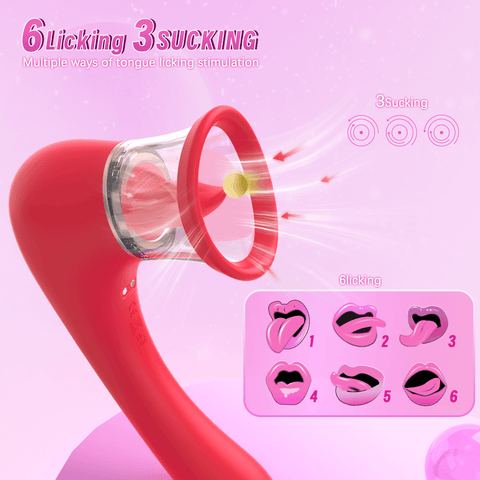 Red Zora clitoral suction vibrator with rotating tongue chamber and curved vibrating tail