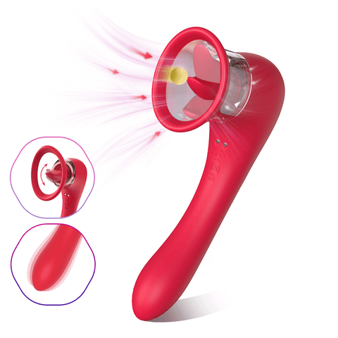 Red Zora clitoral suction vibrator with rotating tongue chamber and curved vibrating tail